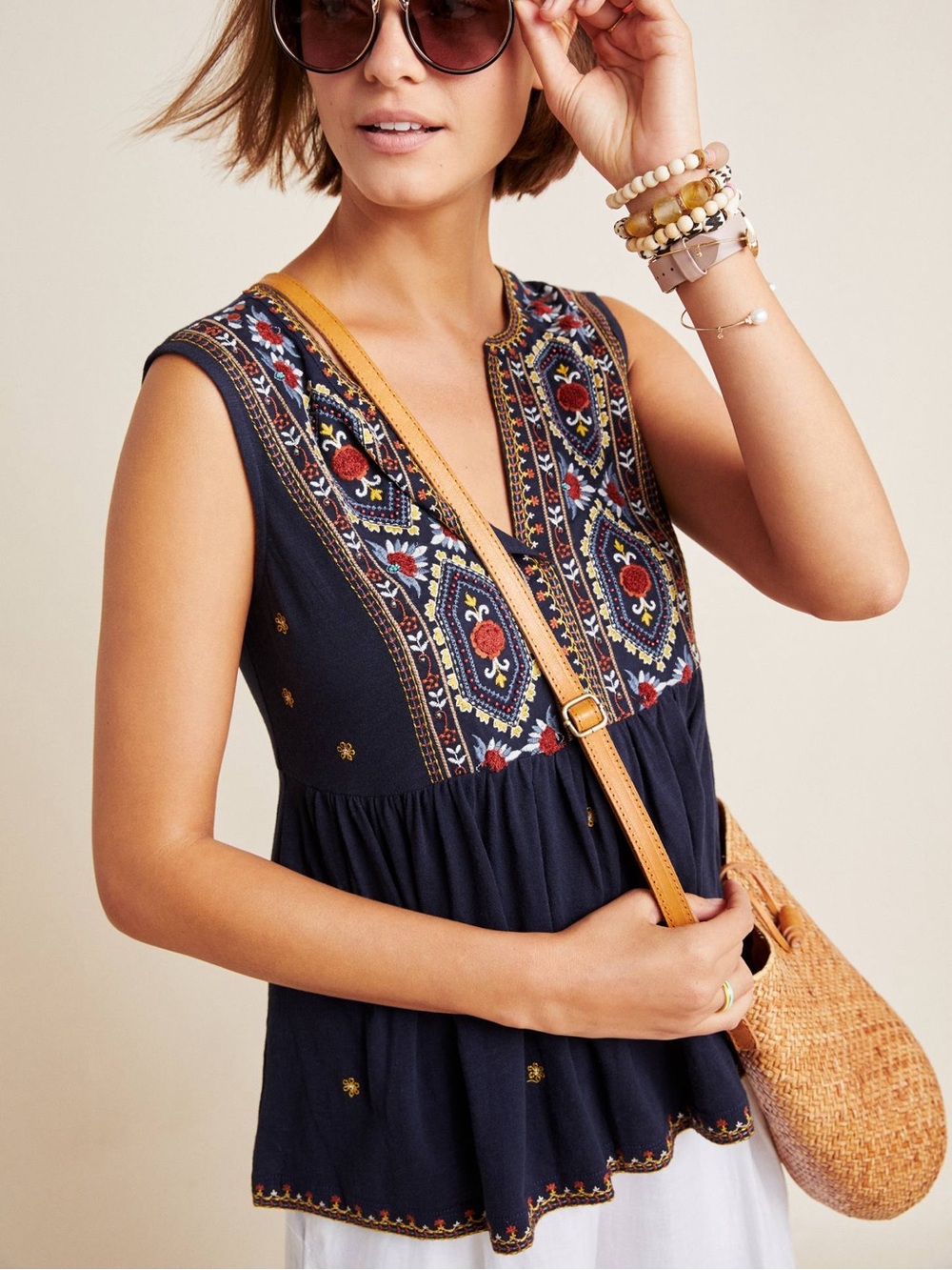 Anthropologie Emelia Embroidered Peplum Blouse Size Small Navy Boho Floral Top